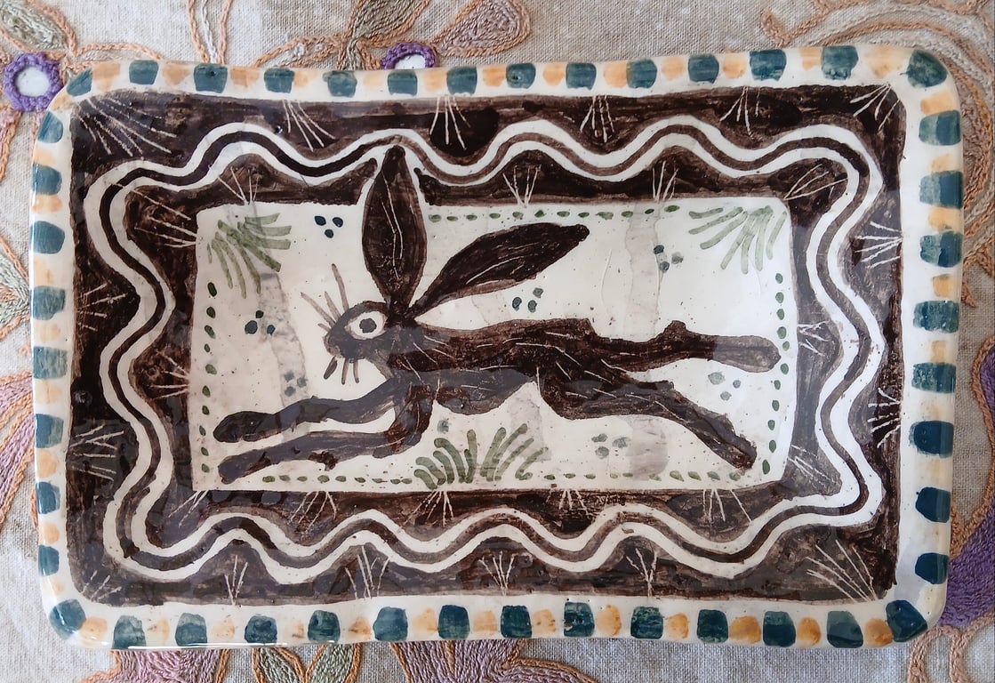 Square slip ware dish with hand painted hare