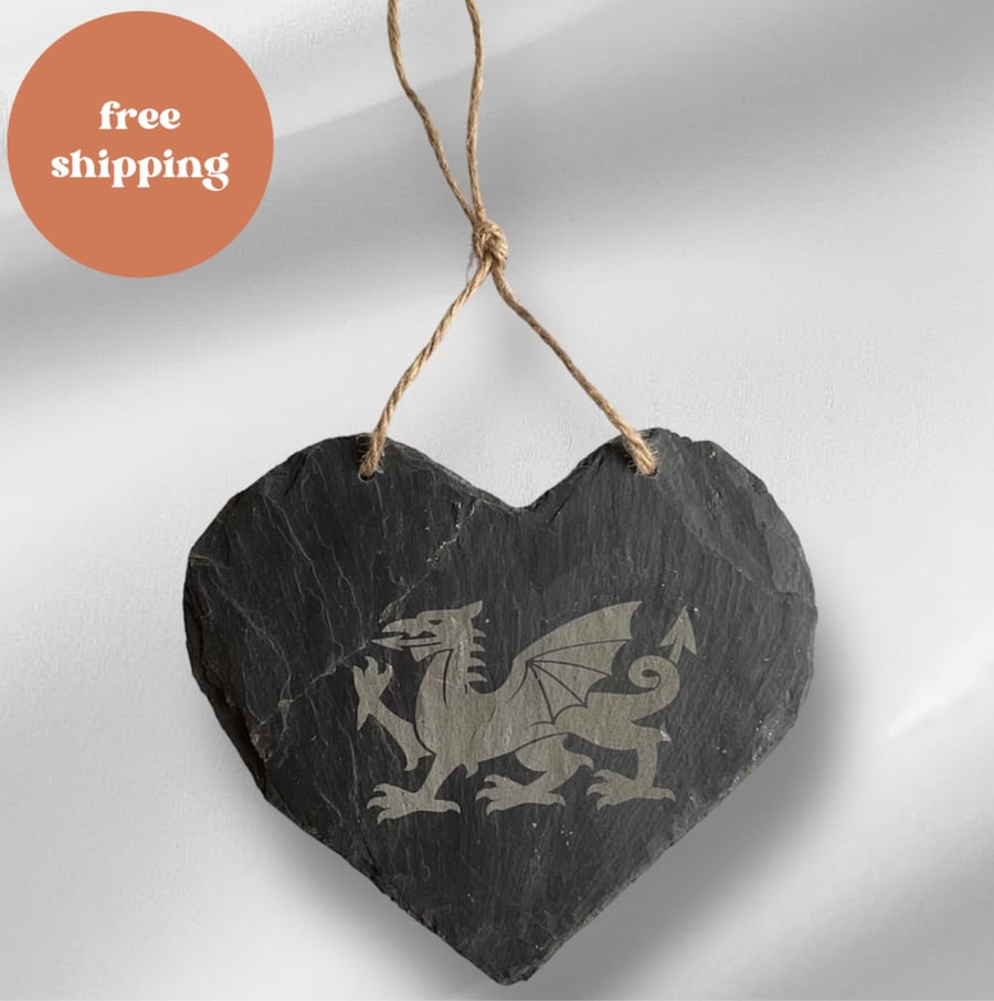 Hanging decoration Welsh Dragon on slate heart. Reclaimed slate.  Free delivery 