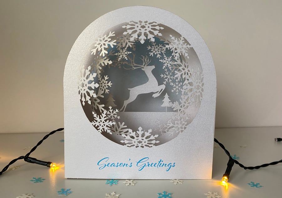 3D reindeer snow globe Christmas card