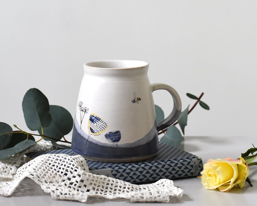 Bee and flower mug for tea and coffee - handmade ceramic cup