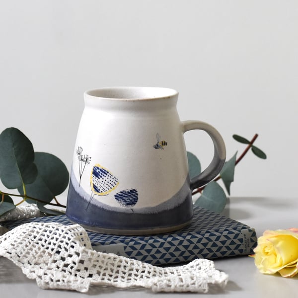 Bee and flower mug for tea and coffee - handmade ceramic cup
