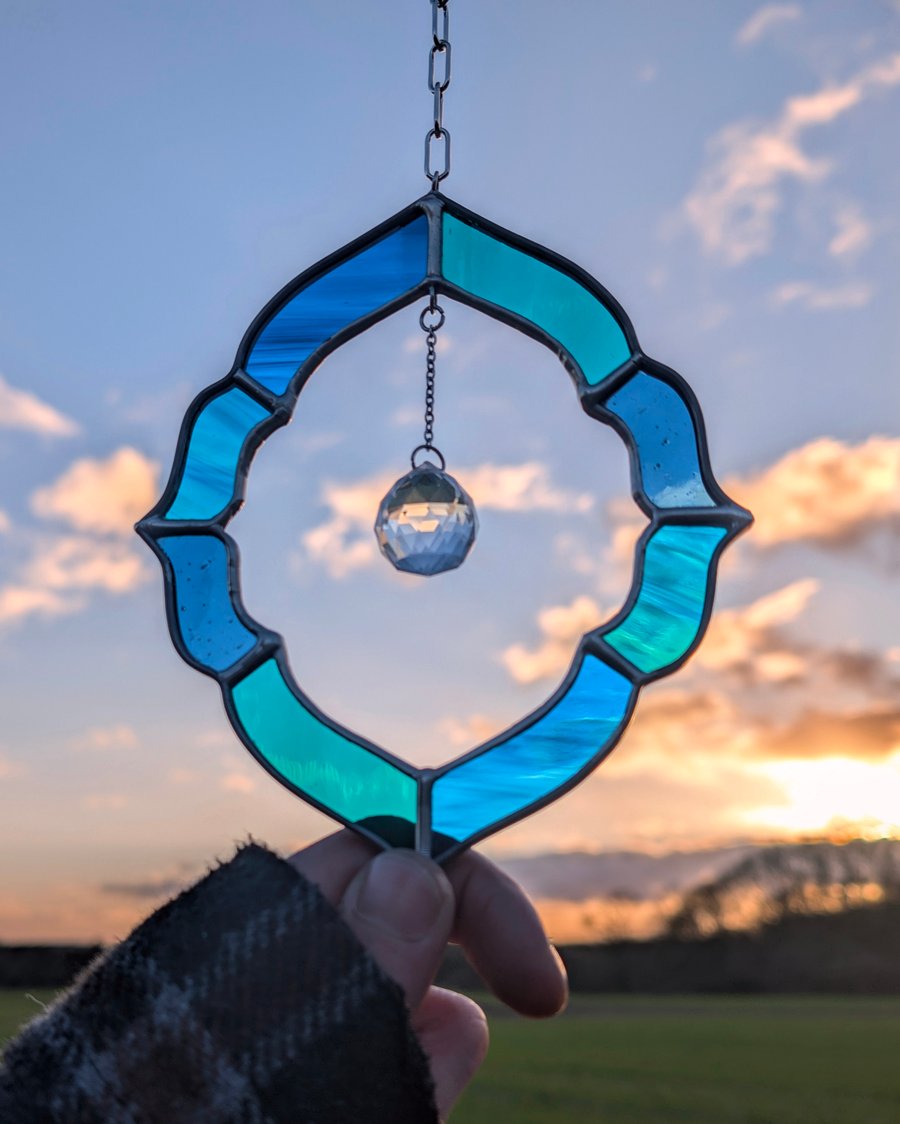 Framed Crystal Drop, Lagoon Blue - Stained Glass Suncatcher
