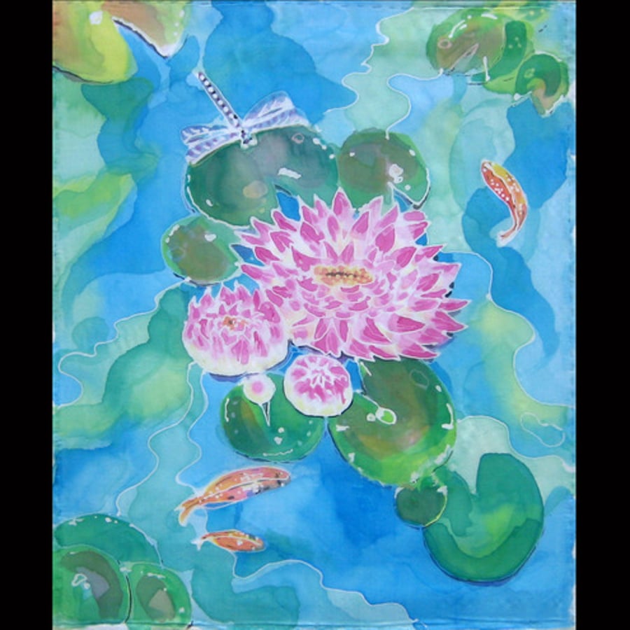 Pink waterlily silk painting with dragonfly