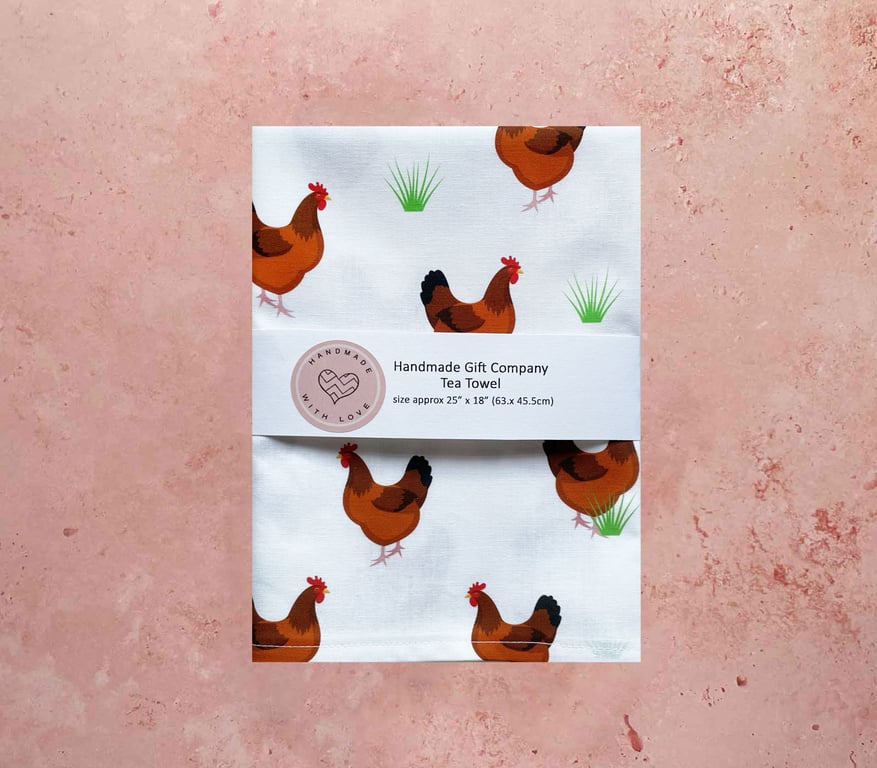 Fabric Handmade Pretty Cotton Tea Towel with a Hen Design in White