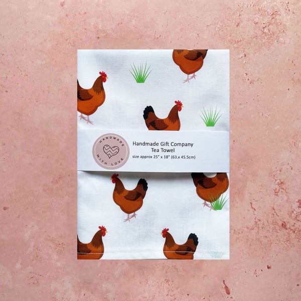 Fabric Handmade Pretty Cotton Tea Towel with a Hen Design in White