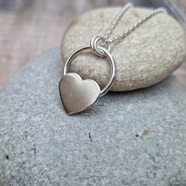 Sterling Silver Circle Necklace with Heart, Birthday Gift, Anniversary Gift