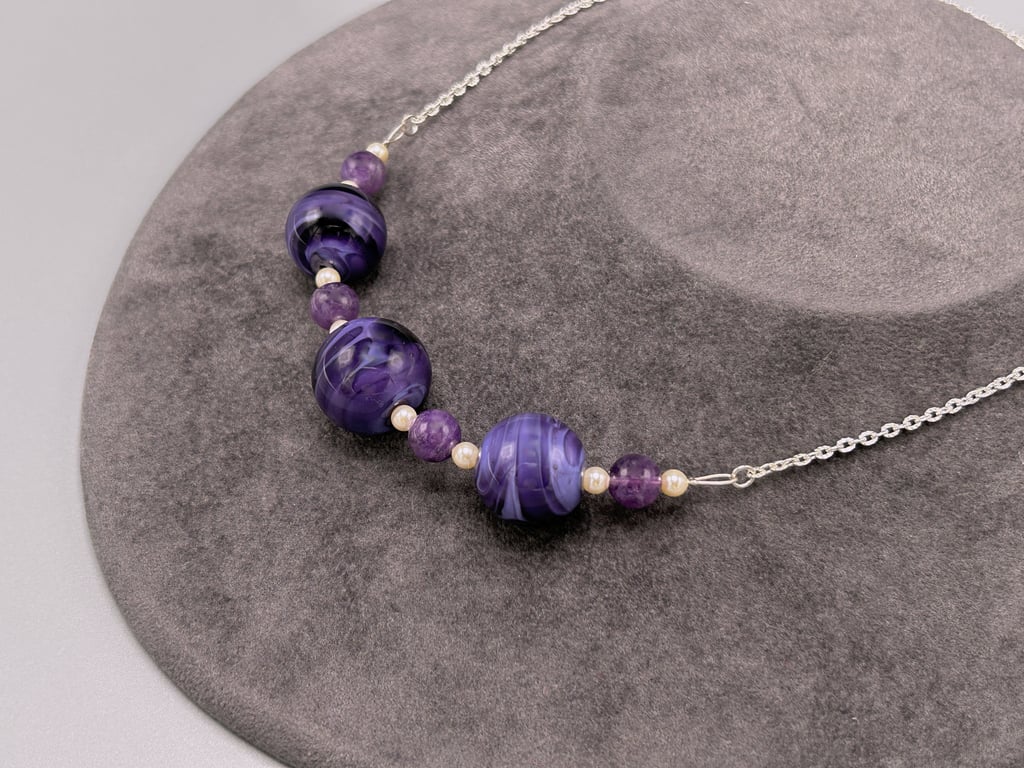 purple swirl marble handmade lampwork glass beaded and natural amethyst necklace