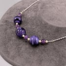 purple swirl marble handmade lampwork glass beaded and natural amethyst necklace