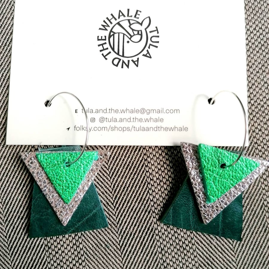 Geometric Hoop Earrings - Emerald & Forest Green (Sterling Silver)