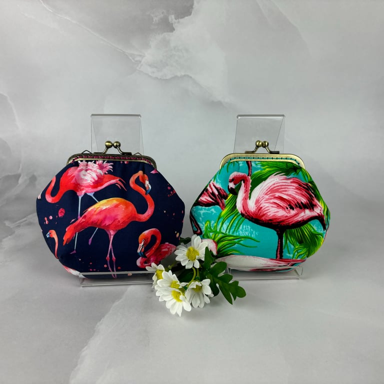 Flamingos coin purse, Frame purse, 2 pattern options, Optional chain, Handmade
