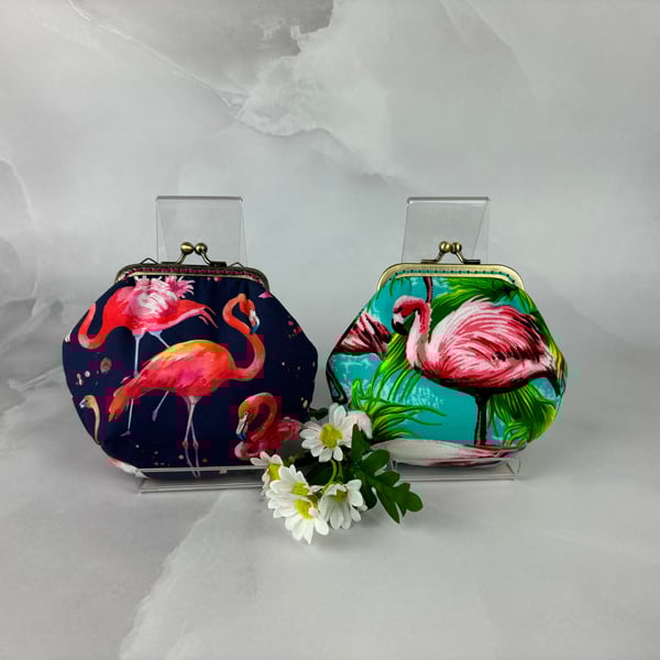 Flamingos coin purse, Frame purse, 2 pattern options, Optional chain, Handmade