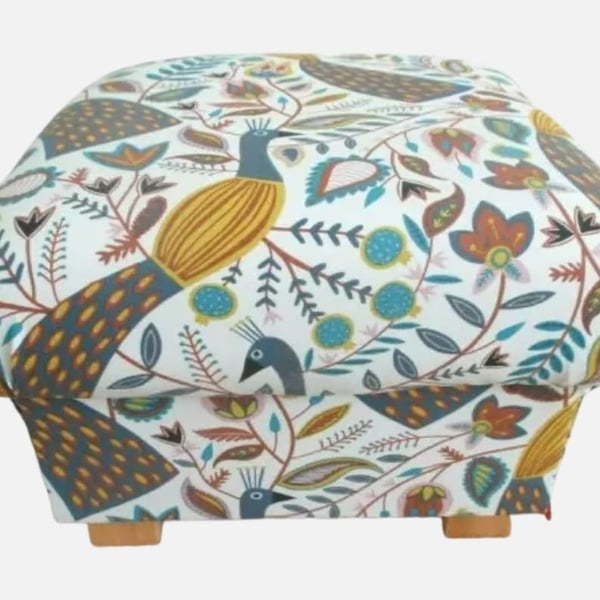 Storage Footstool Fryetts Peacocks Ochre Fabric Pouffe Floral Birds Mustard 