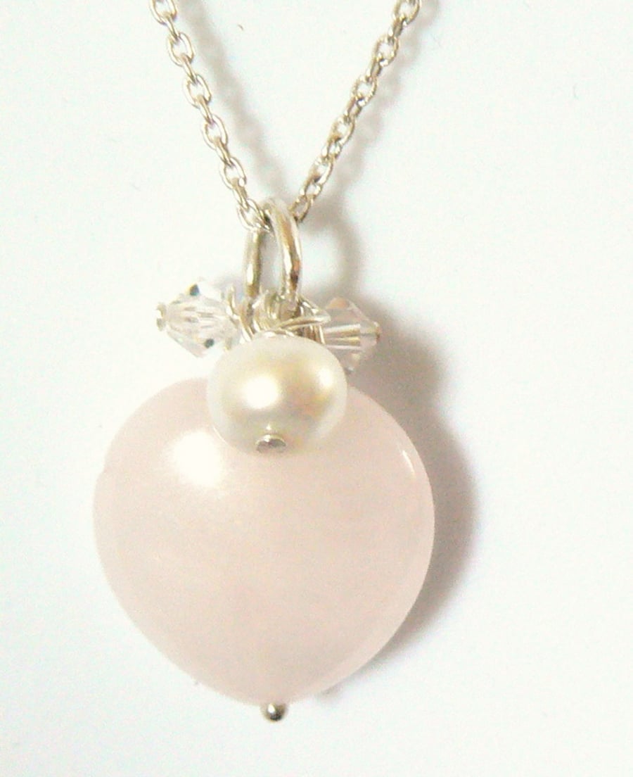 Rose Quartz Heart with Swarovski Crystals and Ivory Freshwater Pearl Pendant