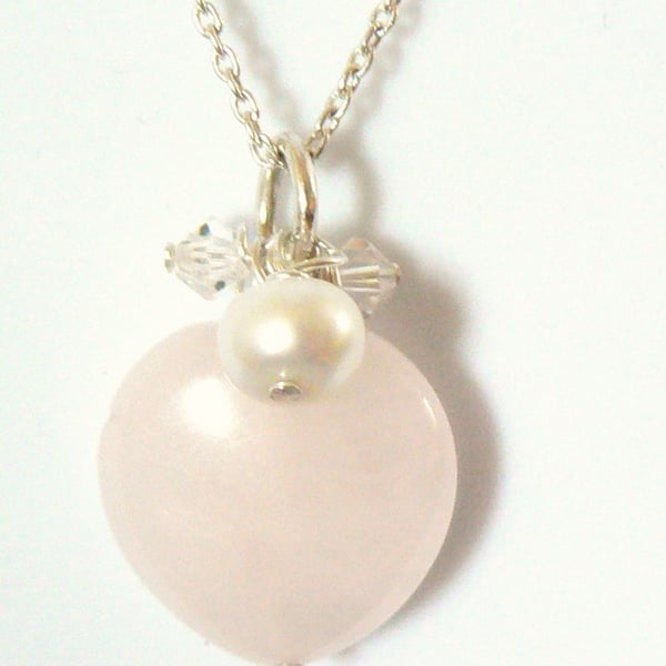 Rose Quartz Heart with Swarovski Crystals and Ivory Freshwater Pearl Pendant