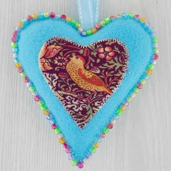 Liberty Felt Hanging Heart Beaded - Blue & Strawberry Thief