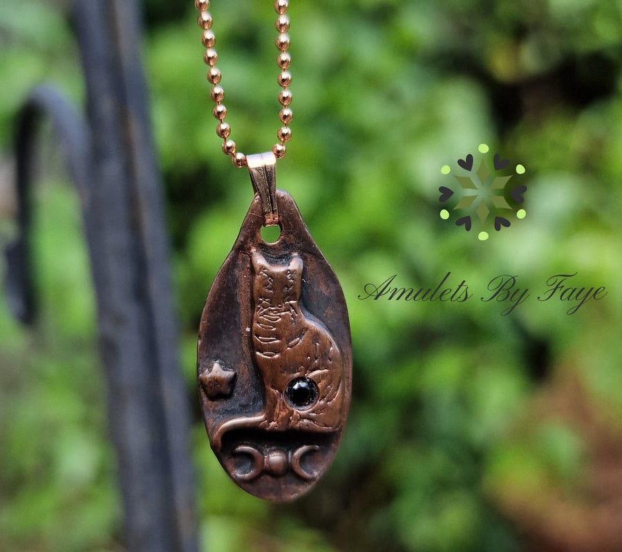 Copper Cat with Triple Moon and Star Pendant, Black Spinel Gemstone Necklace.