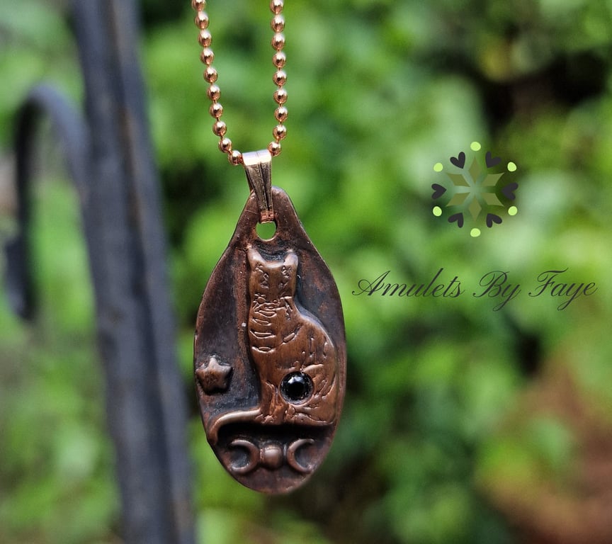 Copper Cat with Triple Moon and Star Pendant, Black Spinel Gemstone Necklace.