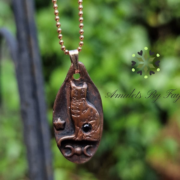 Copper Cat with Triple Moon and Star Pendant, Black Spinel Gemstone Necklace.