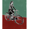 Cyclist No.2 A3 poster-print (duck-egg blue & maroon)