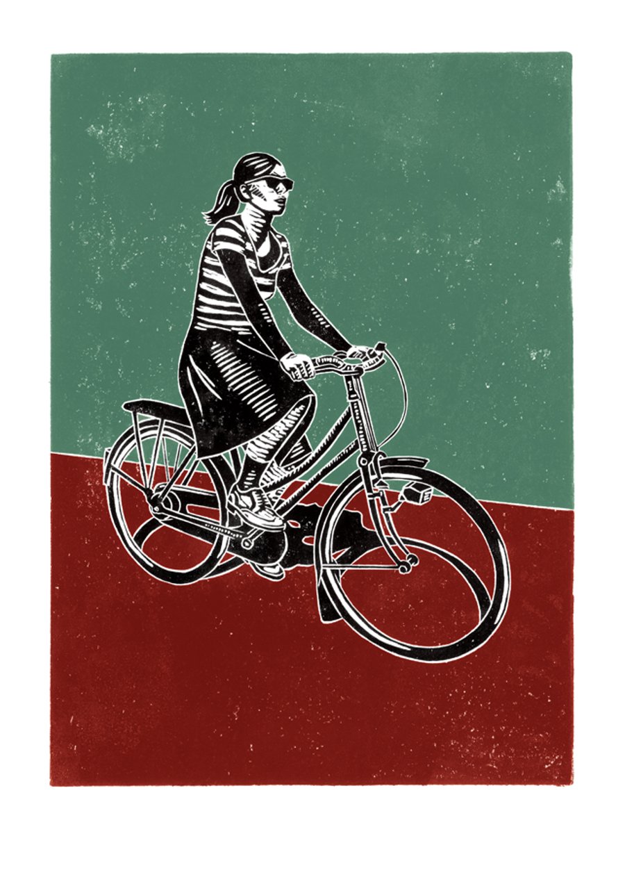 Cyclist No.2 A3 poster-print (duck-egg blue & maroon)