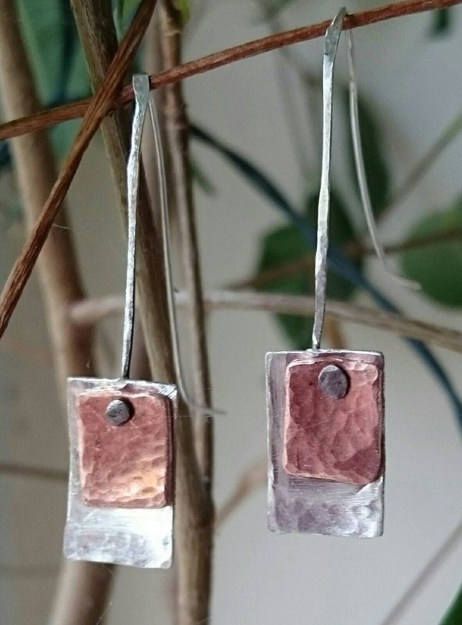 Silver and copper drop earrings, hammered silver jewellery, unique quirky silver