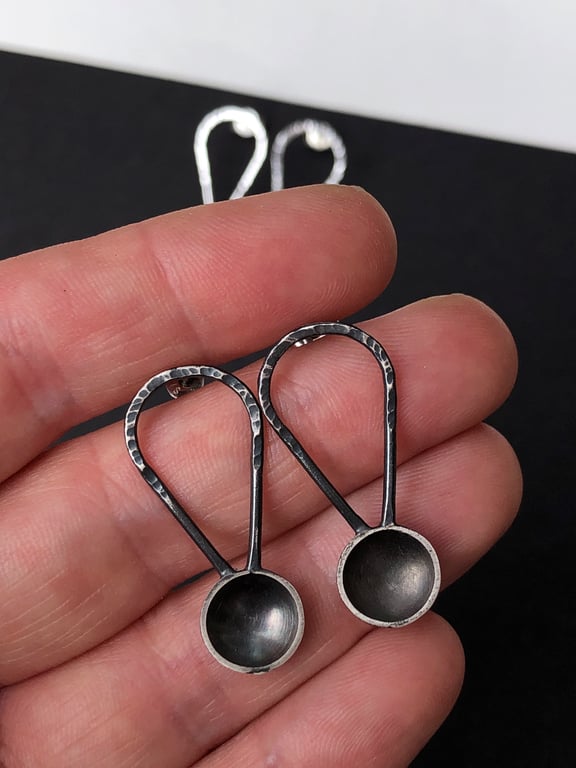 Oxidised silver spoon earrings with hammered detail - long stud silver earrings.
