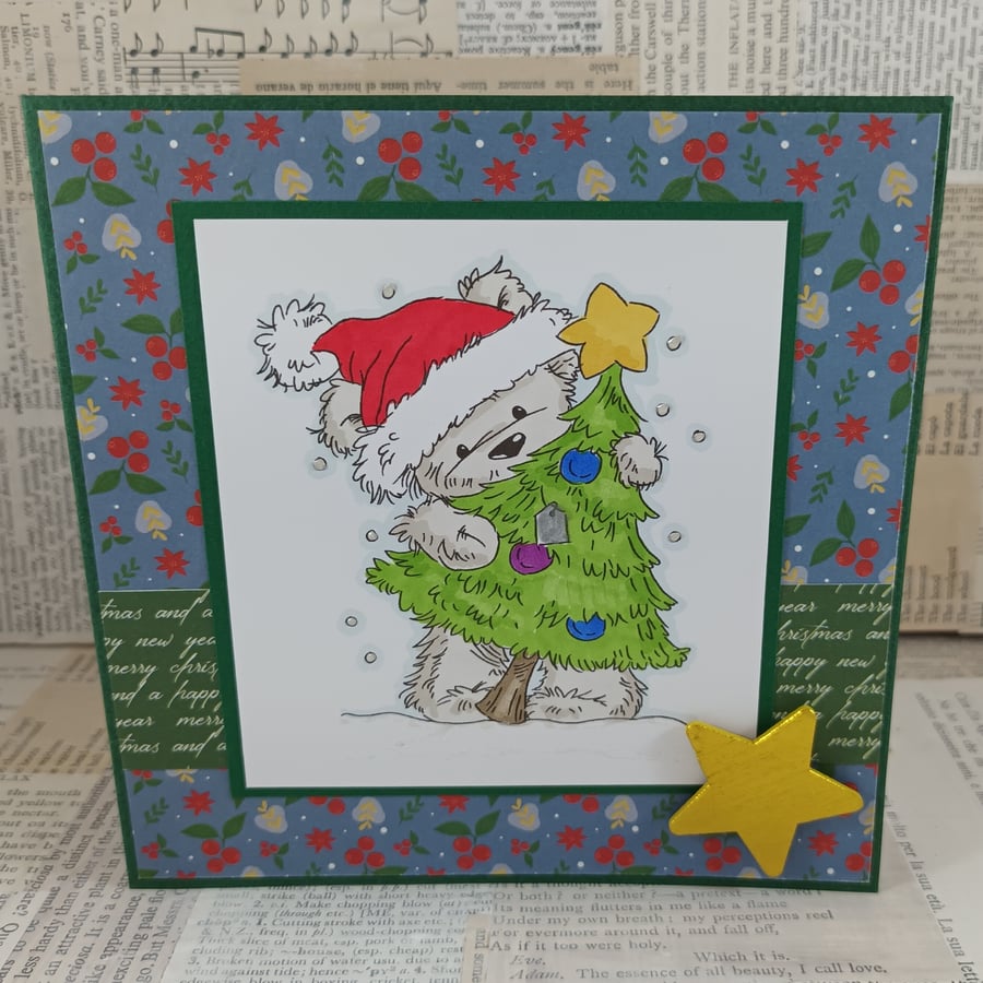 Handmade Christmas card - cute bear with christmas tree