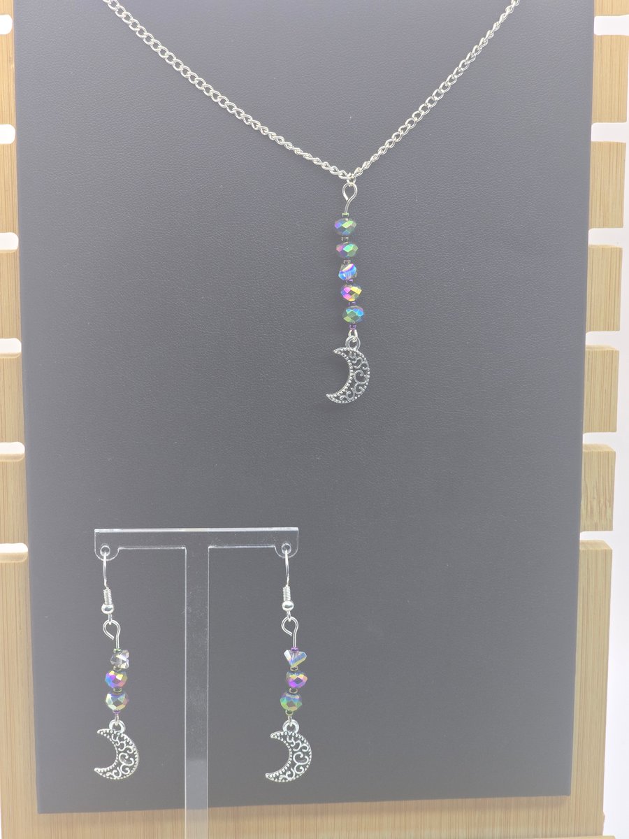 Silver Moon charm Necklace and Earrings Jewellery Set