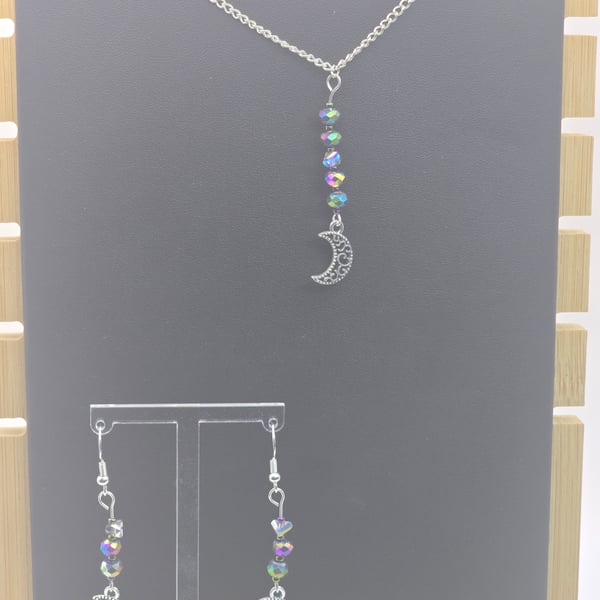 Silver Moon charm Necklace and Earrings Jewellery Set