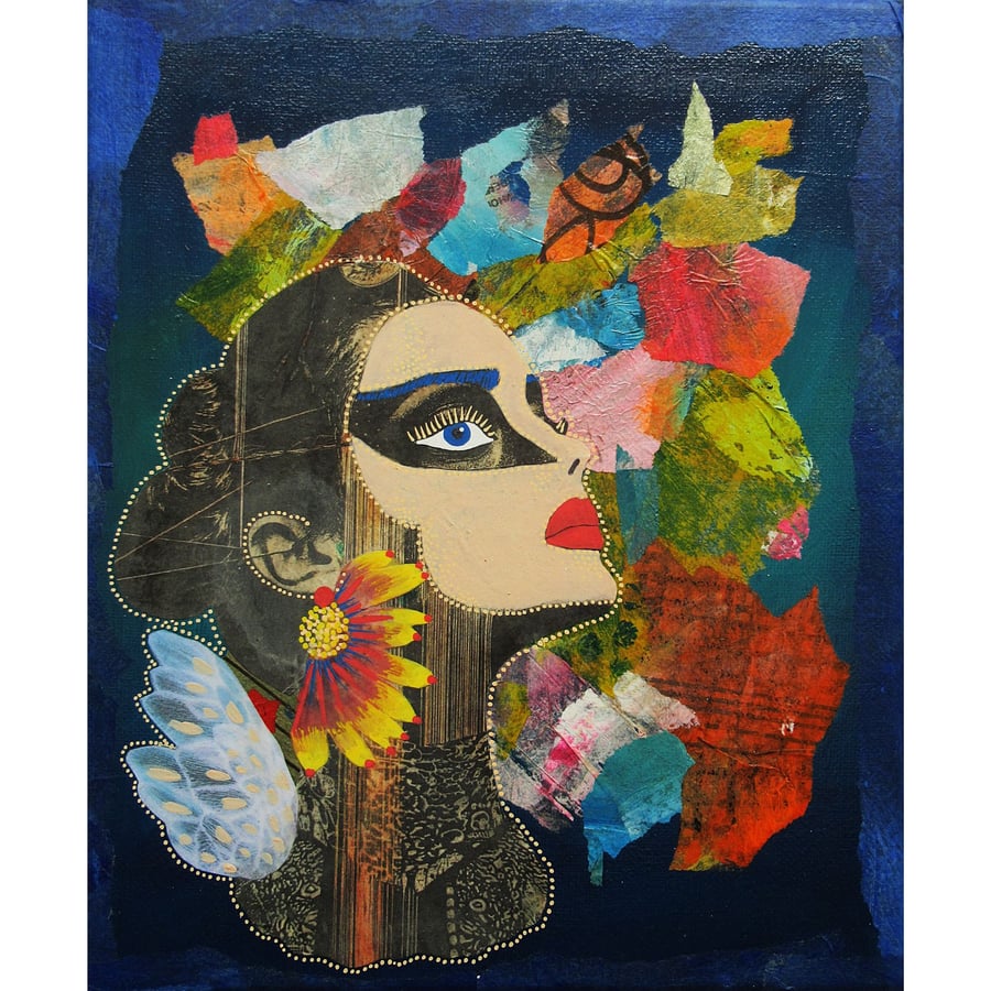 Female Portrait Painting Abstract Surreal Feminist Mixed Media Wall Decor