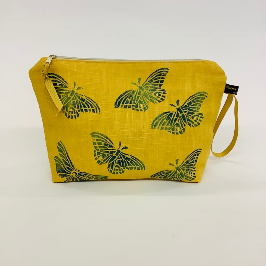 Ochre Yellow Butterflies and Dragonflies linen makeup bag 