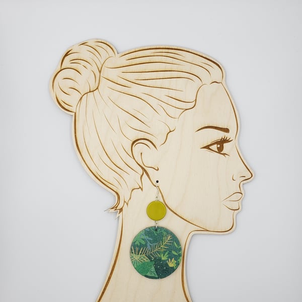 Sterling silver hook, modern abstract wooden earrings in greens and yellows