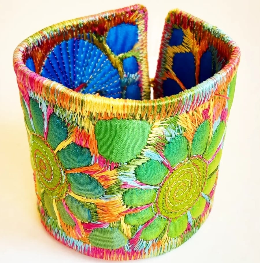 Cuff - Fabric Bracelet with Free Machine Embroidery 