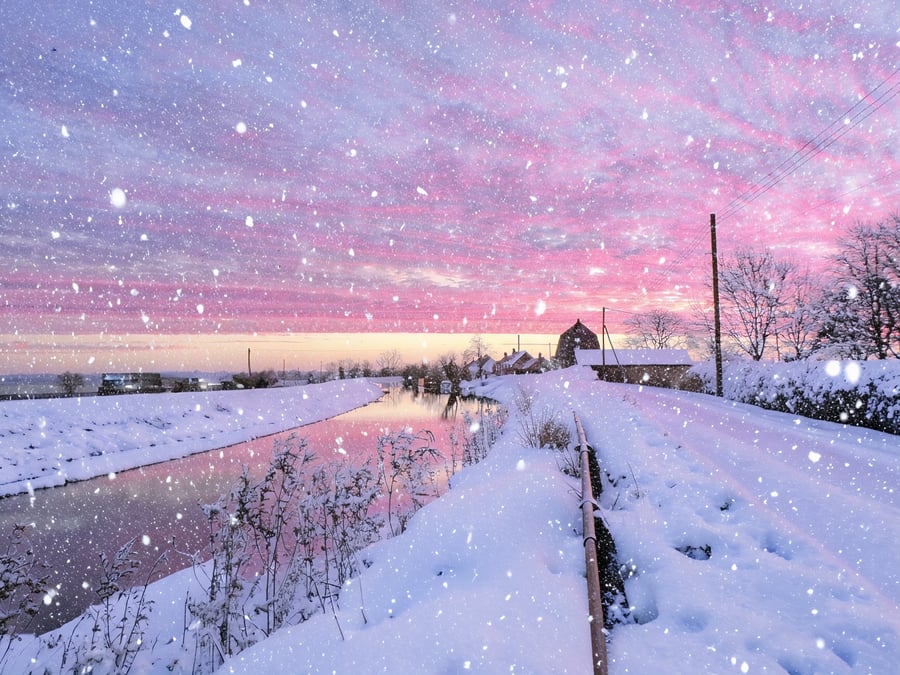 Nordelph Sunset Snow Norfolk Christmas Greeting Card A5