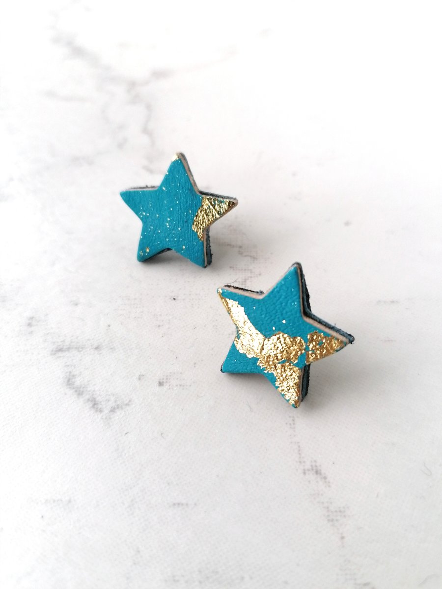 Gold Leaf Leather Star Stud Earrings - Turquoise