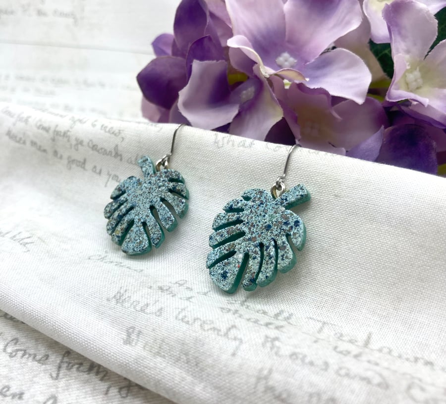 Monstera jungle leaves wooden dangle earrings marbled aqua plant lovers
