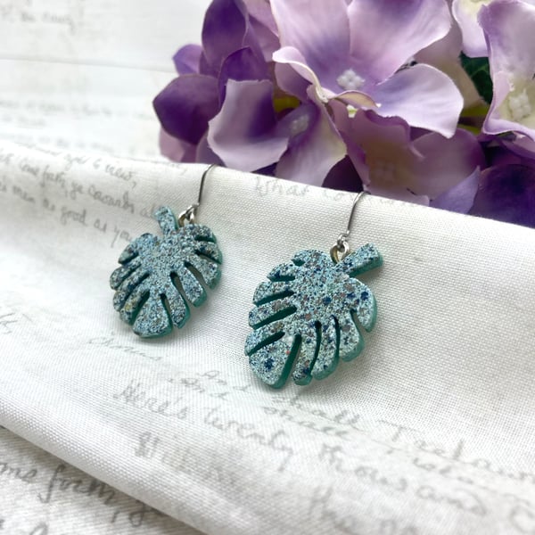 Monstera jungle leaves wooden dangle earrings marbled aqua plant lovers