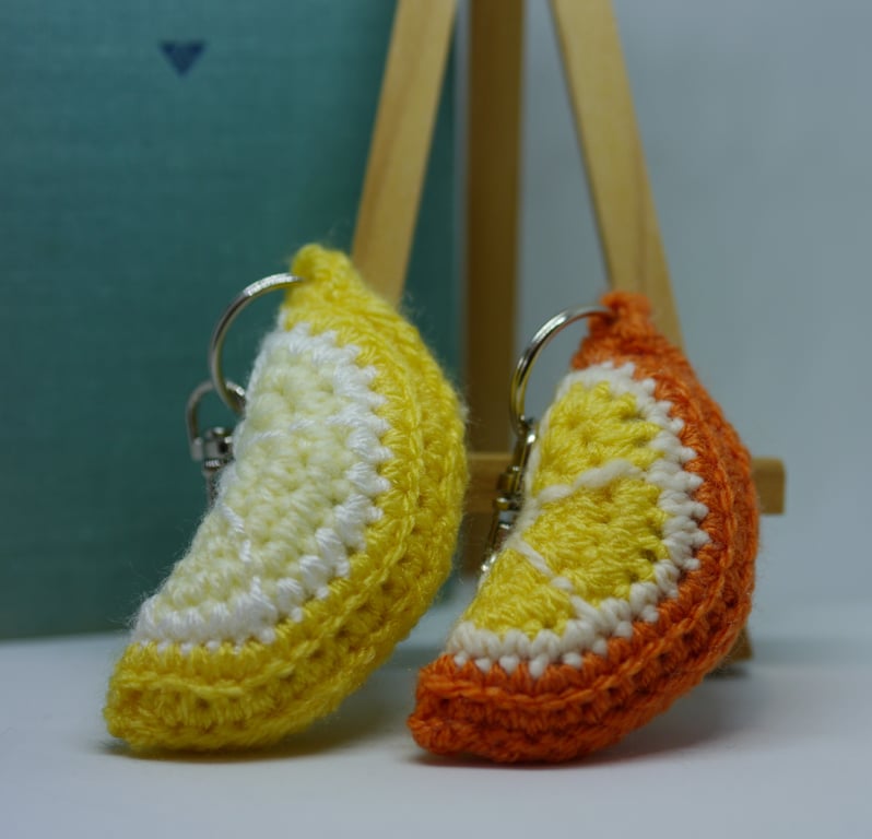 Crochet lemon and orange keyring pair