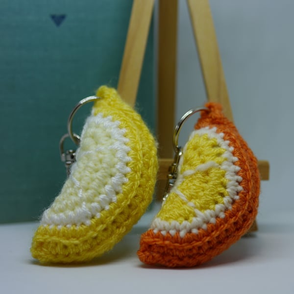 Crochet lemon and orange keyring pair