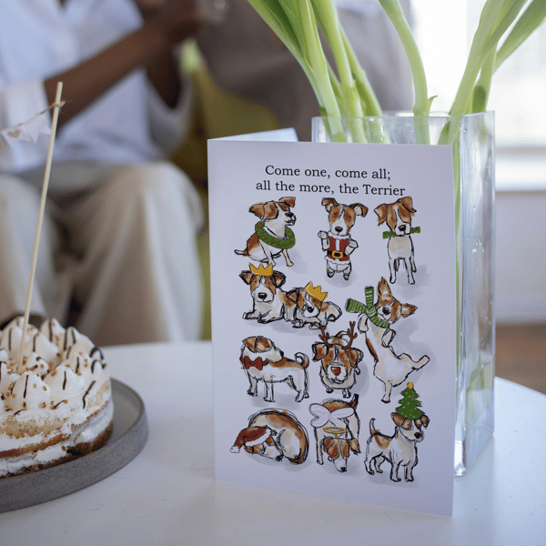 Jack Russell Christmas Card, a6 250gm cardstock with Red envelope, blank inside
