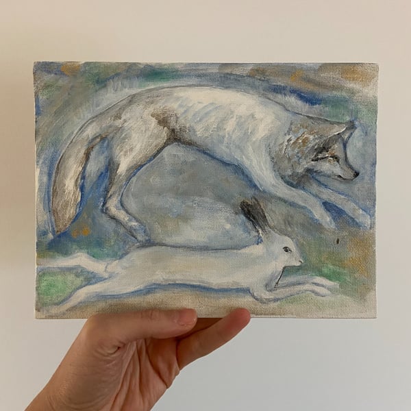 Wolf And Snowy Hare Painting