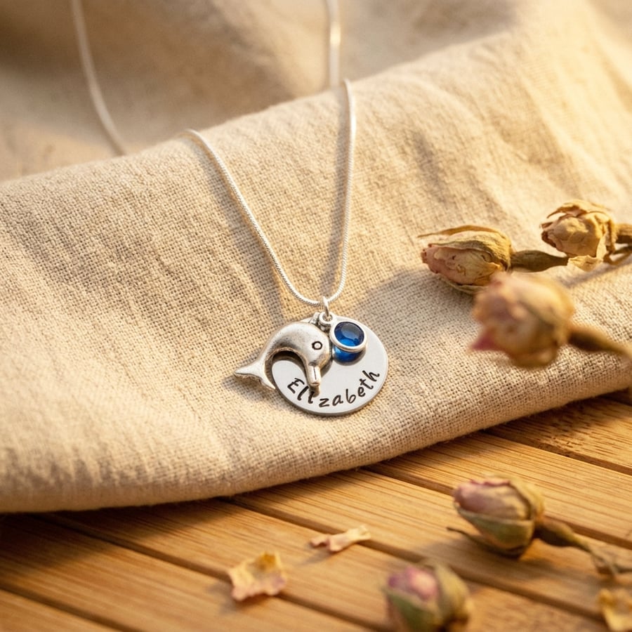 Personalised Necklace with Dolphin and Birthstone - Gift Boxed  Free Delivery