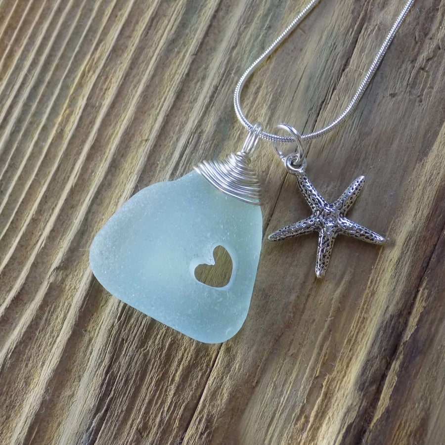 Genuine sea glass heart pendant