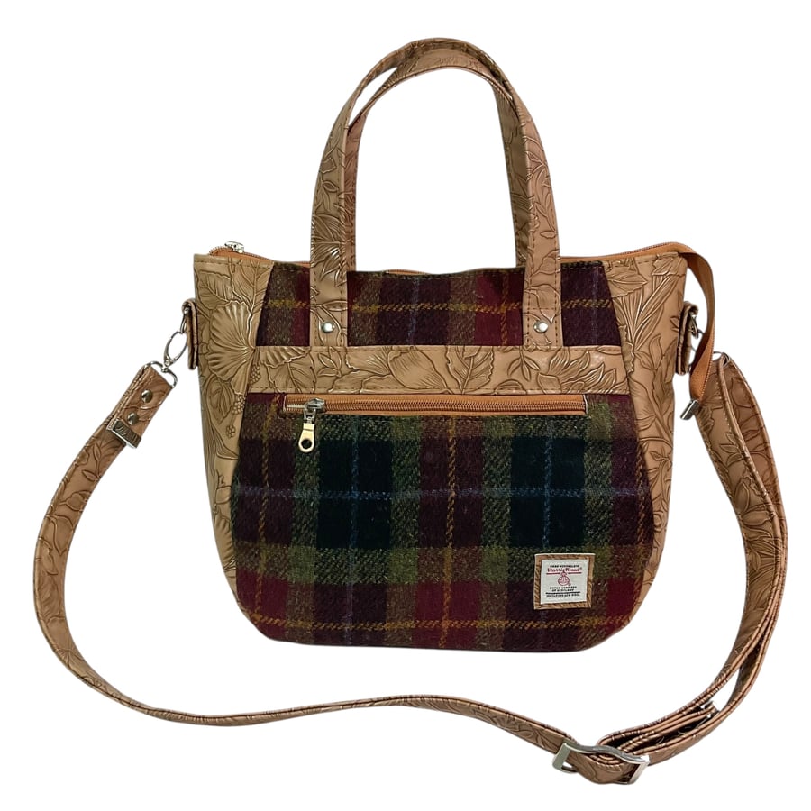 Crossbody Handbag made with purple Harris Tweed and purple floral faux leather 