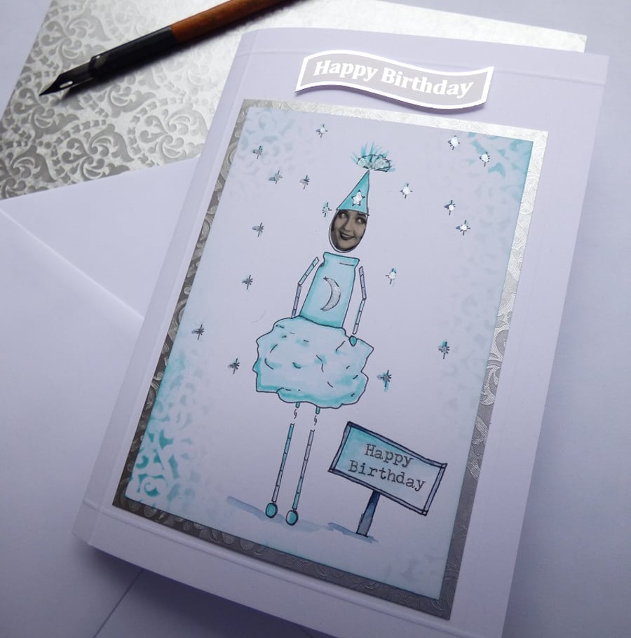 Moonshine doll card birthday card blue and silver