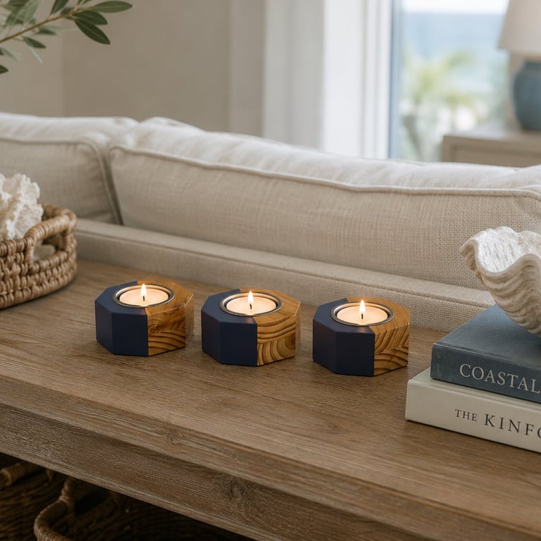 Reclaimed Wooden Candle Holder Set of 3 - Navy Blue & Natural Timber Tealights
