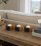 Reclaimed Wooden Candle Holder Set of 3 - Navy Blue & Natural Timber Tealights