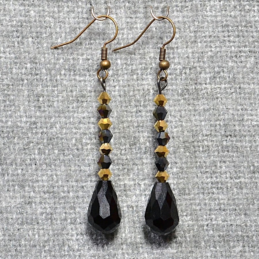 Black and Gold Glass Crystal Dangle Earrings
