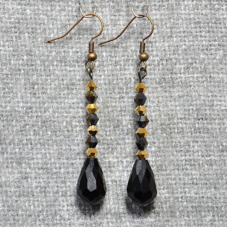 Black and Gold Glass Crystal Dangle Earrings