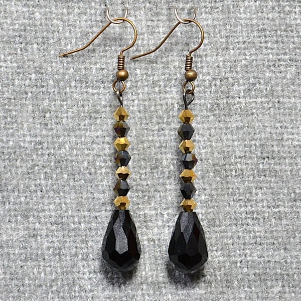Black and Gold Glass Crystal Dangle Earrings